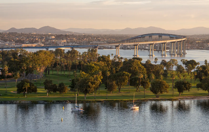 Coronado Golf Course with bridge to city in background.
